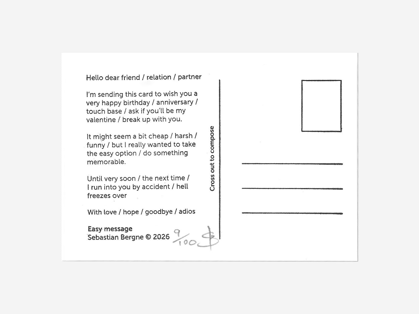 Easy message - Multiple choice post card.